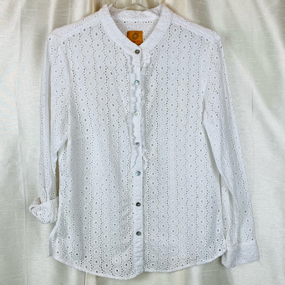 RUBY RD. White Cotton Button Down Lace Blouse 10